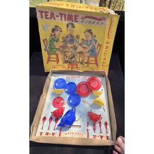 Rare 1945 Plasco Tea Time Children's Plastic Toy Dishes & Silverware
